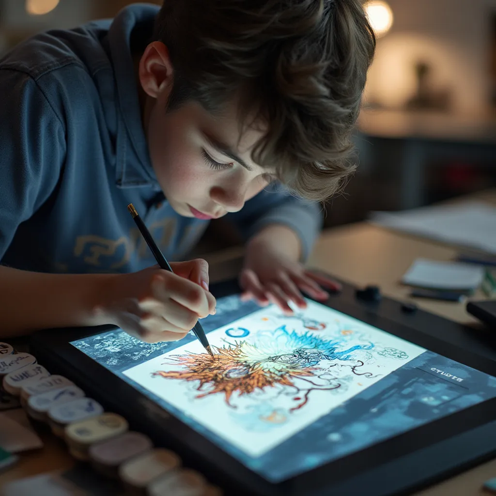 Detail práce studenta na grafickém tabletu při tvorbě ilustrace