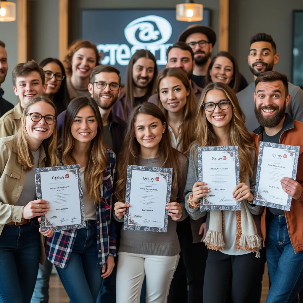 Skupina úspěšných absolventů s certifikáty po slavnostním zakončení kurzu